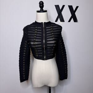 Vintage Y2K Black Military Crop Jacket Zip Up Mesh Gold Hardware Balmain Vibe M